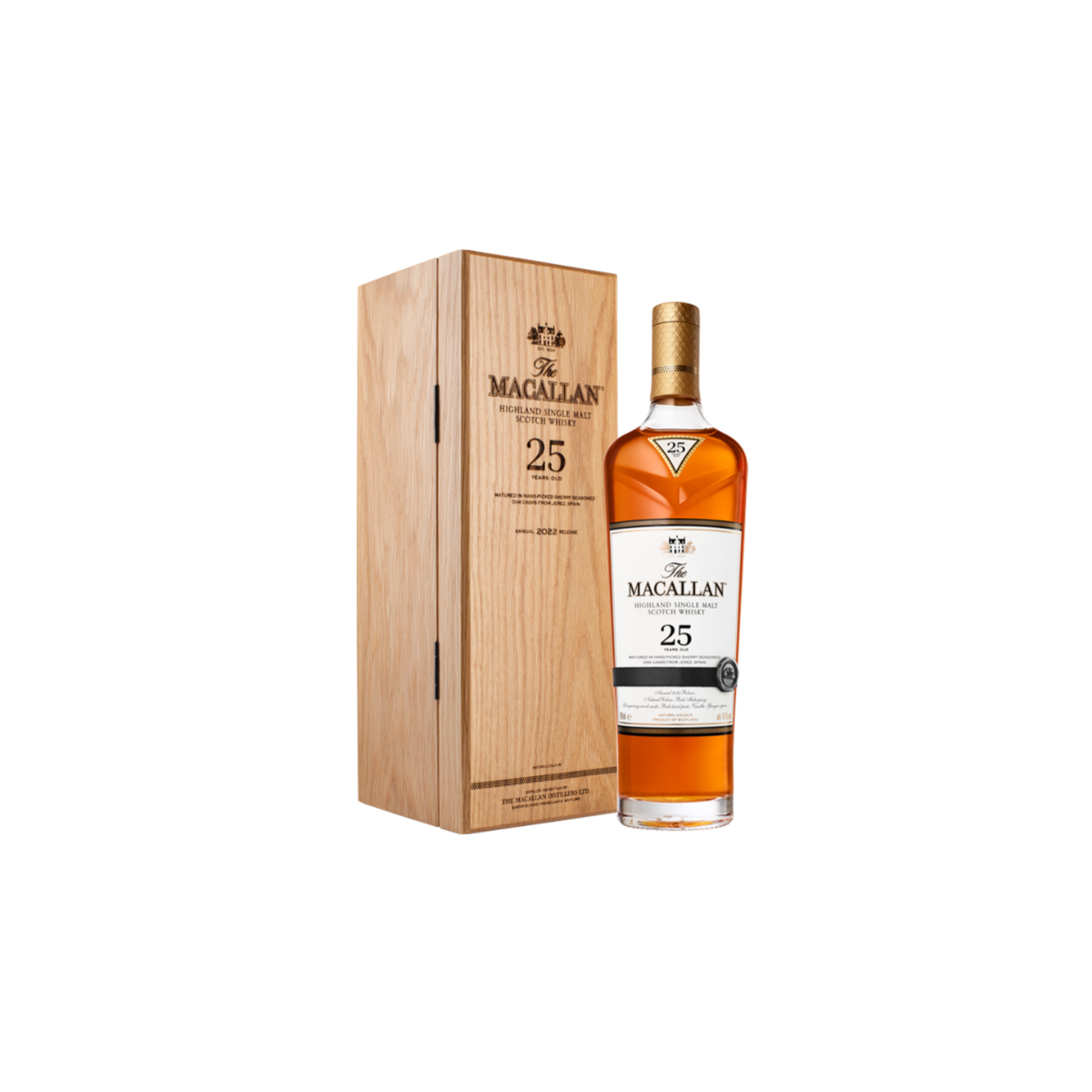 Bouteille de The Macallan 25 Ans Sherry, un whisky de luxe pour les connaisseurs.