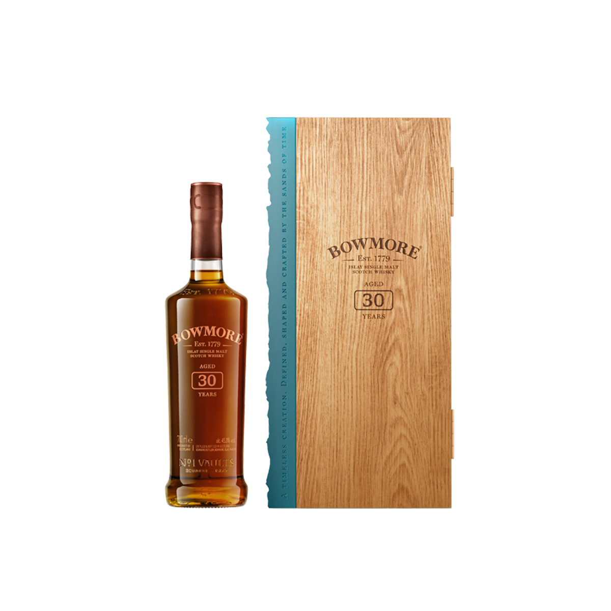 Bouteille de Bowmore 30 ans, un whisky de 30 ans d'âge de la distillerie Bowmore.