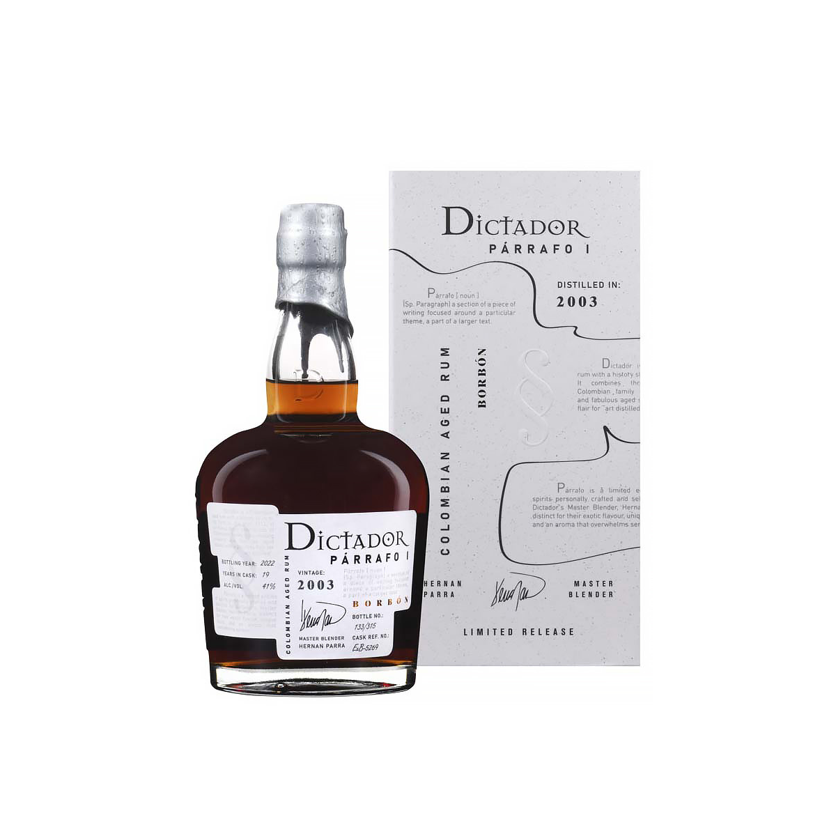 Bouteille de Dictador Párrafo 2003 Bourbon, un rhum de qualité vieilli en fûts de bourbon.