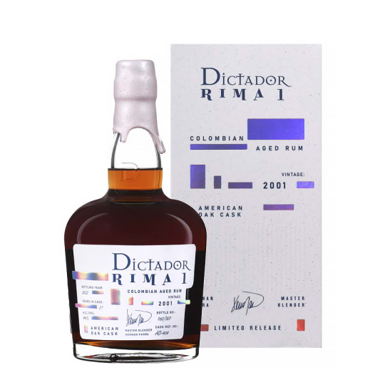 Bouteille de Dictador Rima 2001 American Oak, un rhum de qualité vieilli en fûts de chêne américain.