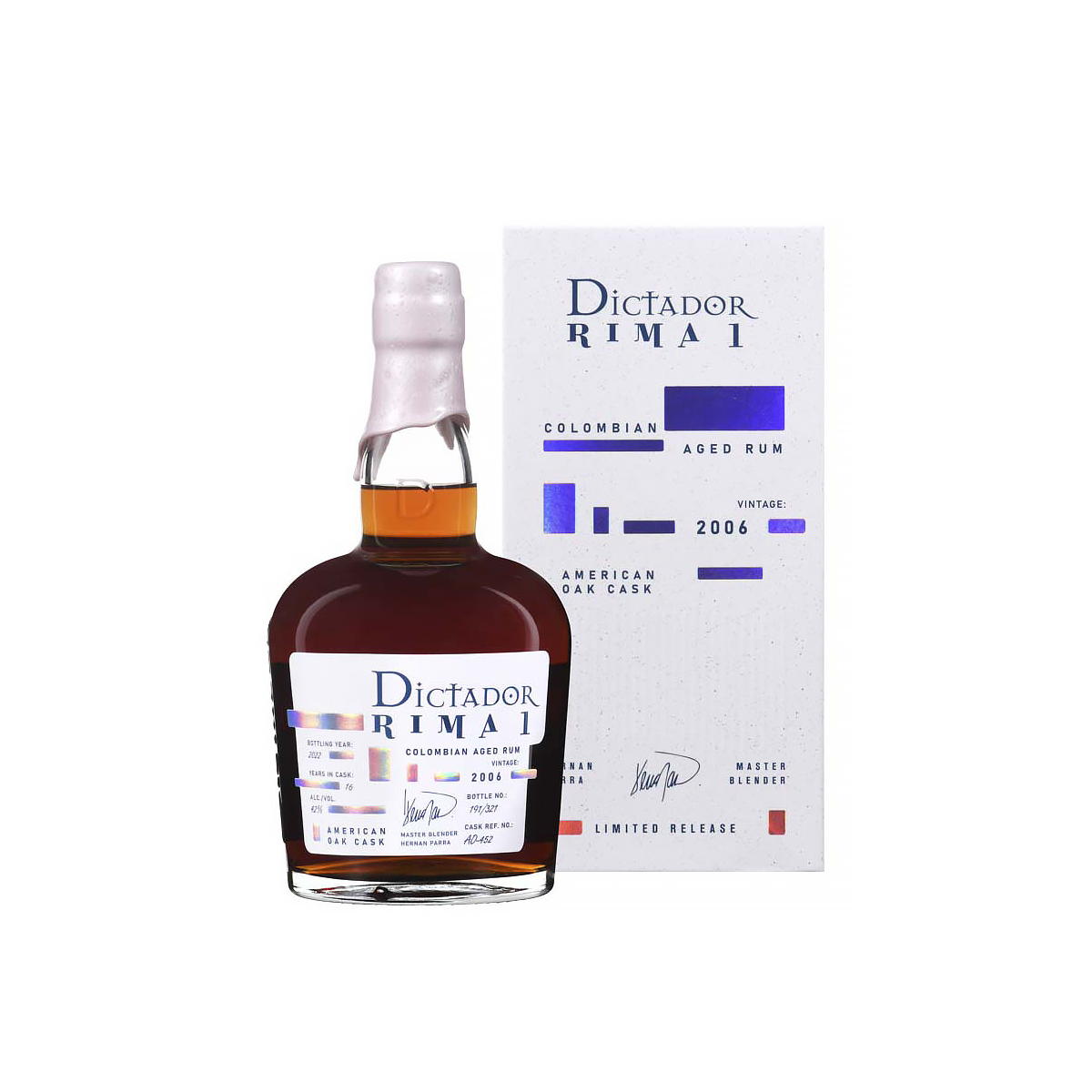 Bouteille de Dictador Rima 2006 American Oak, un rhum de qualité vieilli en fûts de chêne américain.