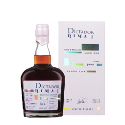 Bouteille de Dictador Rima 1999 Sherry Cask, un rhum de qualité vieilli en fûts de sherry.